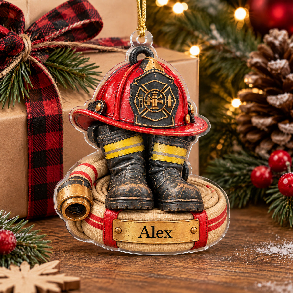 Firefighter Gear - Personalized Acrylic Ornament, Custom Name Flat Acrylic Christmas Ornament, Gift for Firefighter