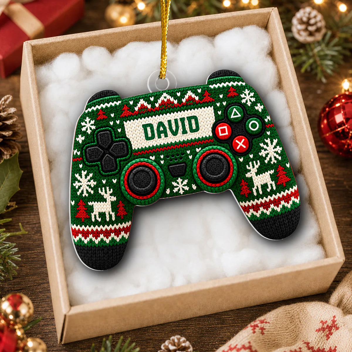 Ugly Sweater Pattern Gaming Controller- Personalized Ornament, Game Lovers Gift
