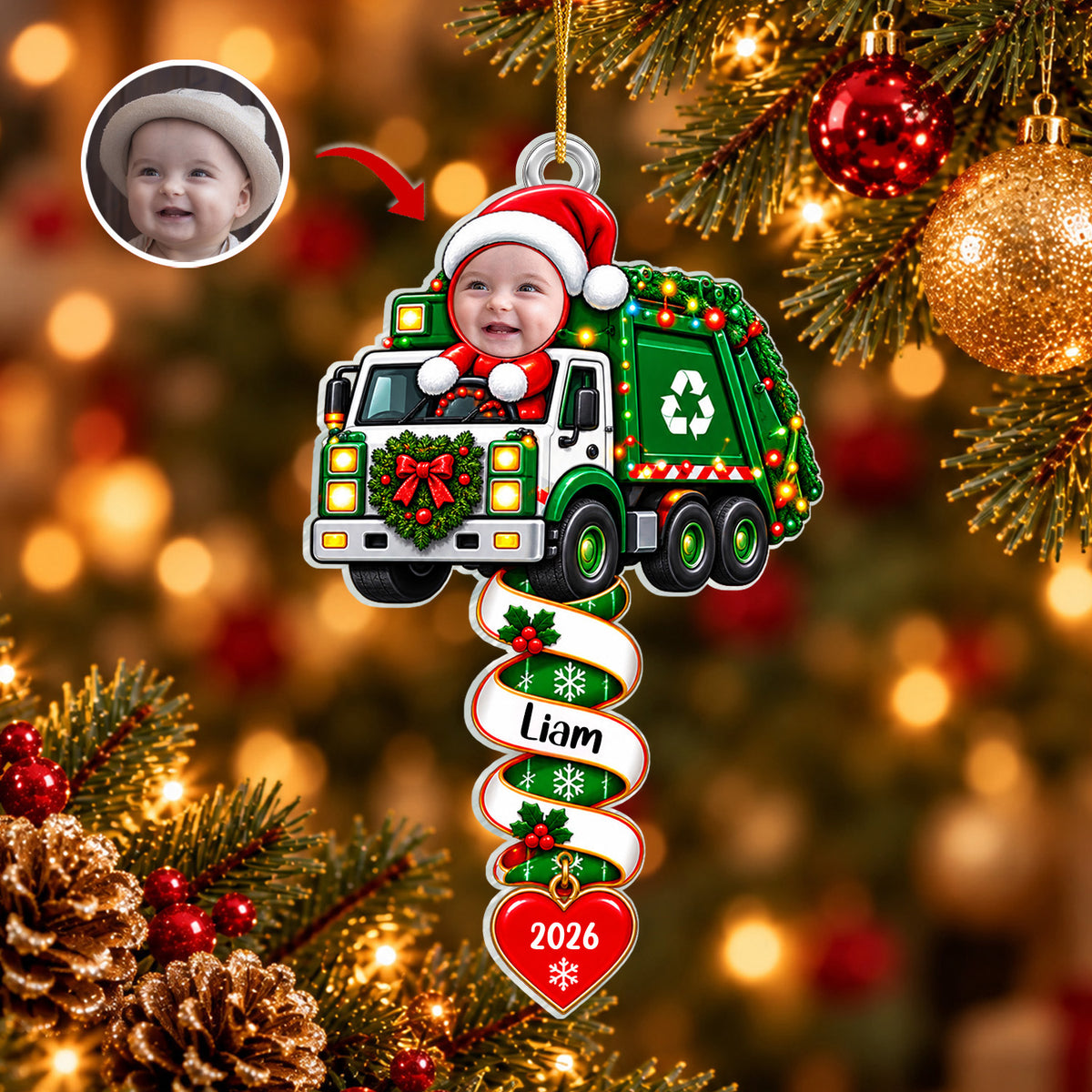 Santa's Little Construction Crew - Personalized Acrylic Ornament, Custom Kid Face Truck Ornament, Gift For Kids