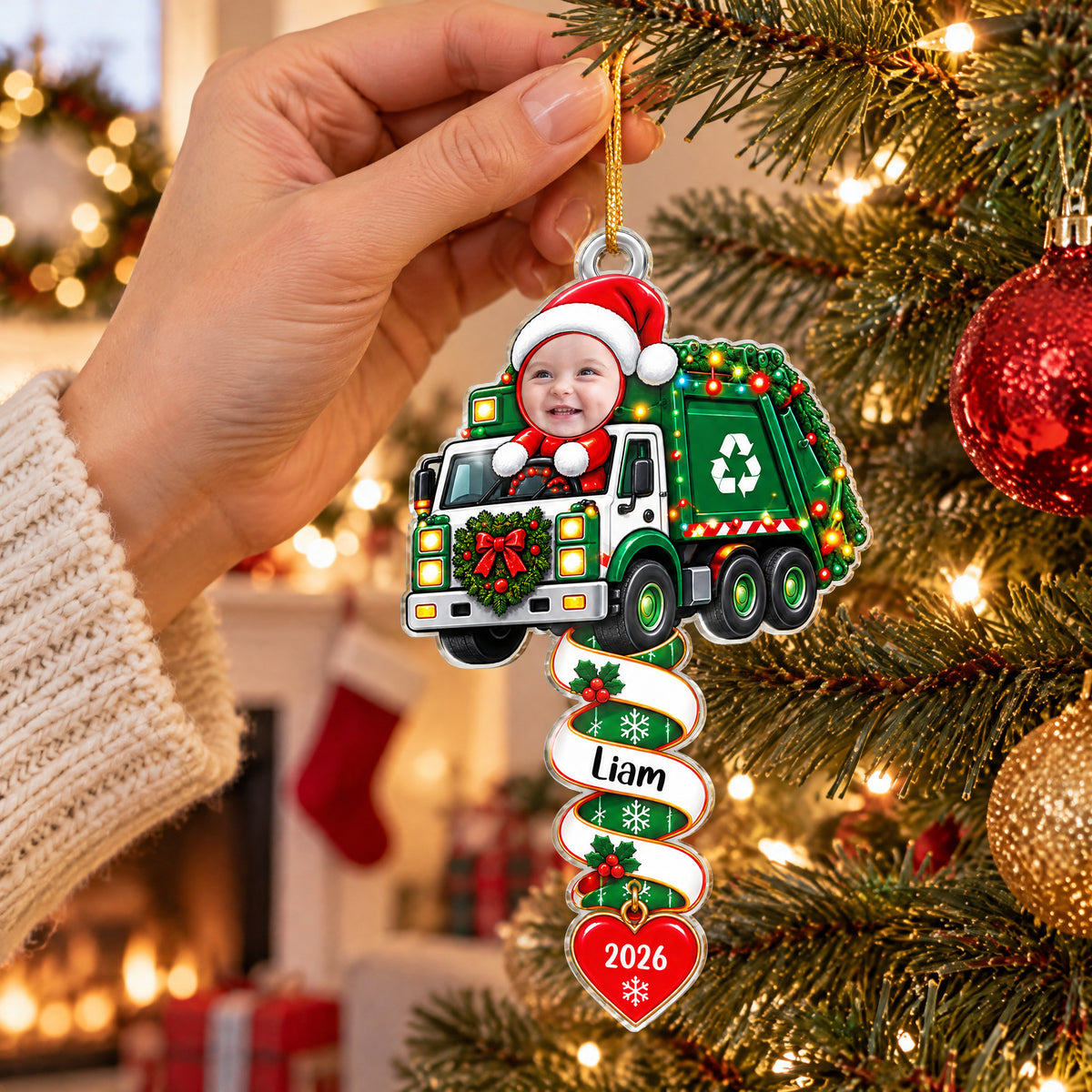 Santa's Little Construction Crew - Personalized Acrylic Ornament, Custom Kid Face Truck Ornament, Gift For Kids