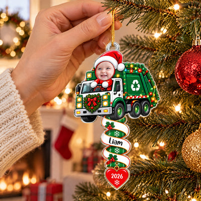 Santa's Little Construction Crew - Personalized Acrylic Ornament, Custom Kid Face Truck Ornament, Gift For Kids