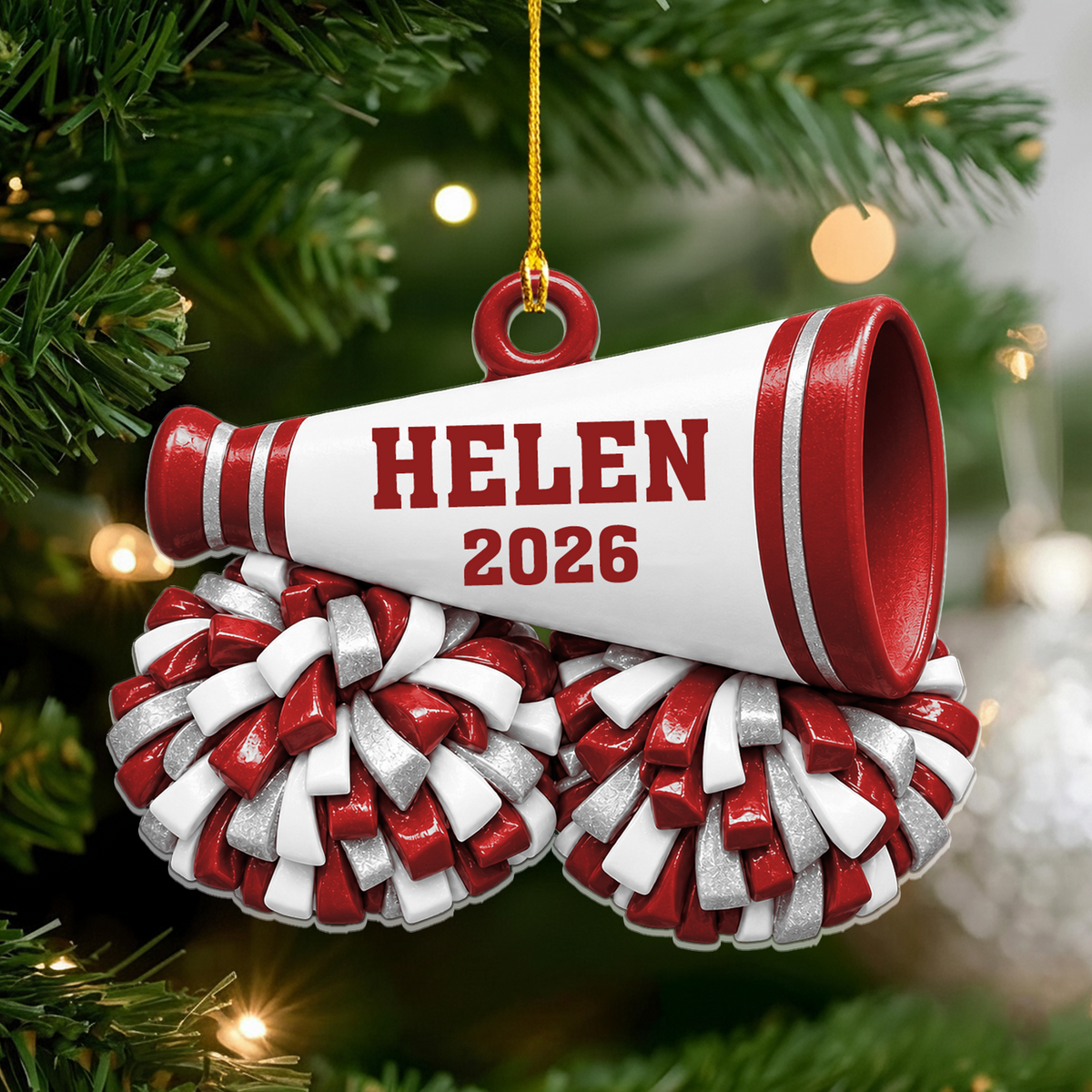 Cheer All Day - Personalized Acrylic Ornament, Cheerleading Megaphone and Pom Poms Christmas Ornament