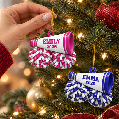 Cheer All Day - Personalized Acrylic Ornament, Cheerleading Megaphone and Pom Poms Christmas Ornament
