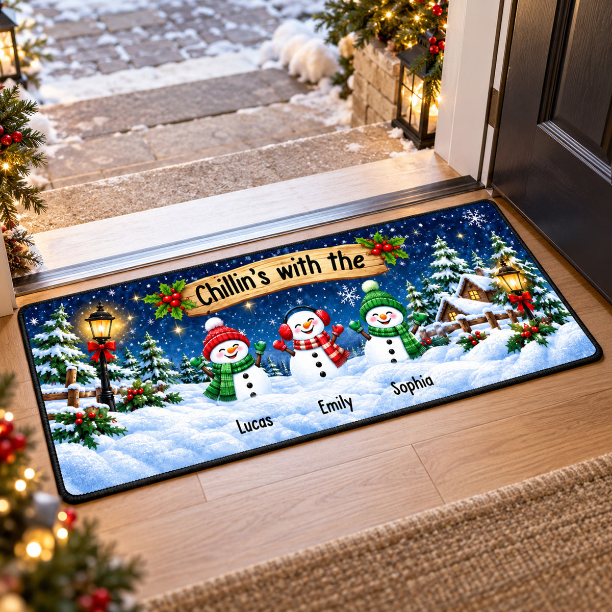 Personalized Snowman Family Holiday Runner Rug
