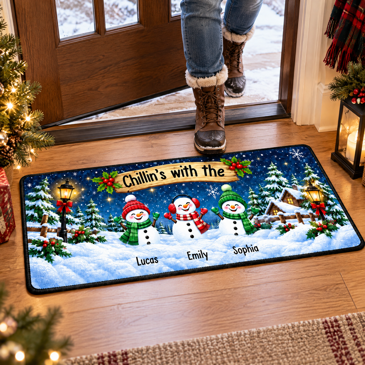 Personalized Snowman Family Holiday Runner Rug