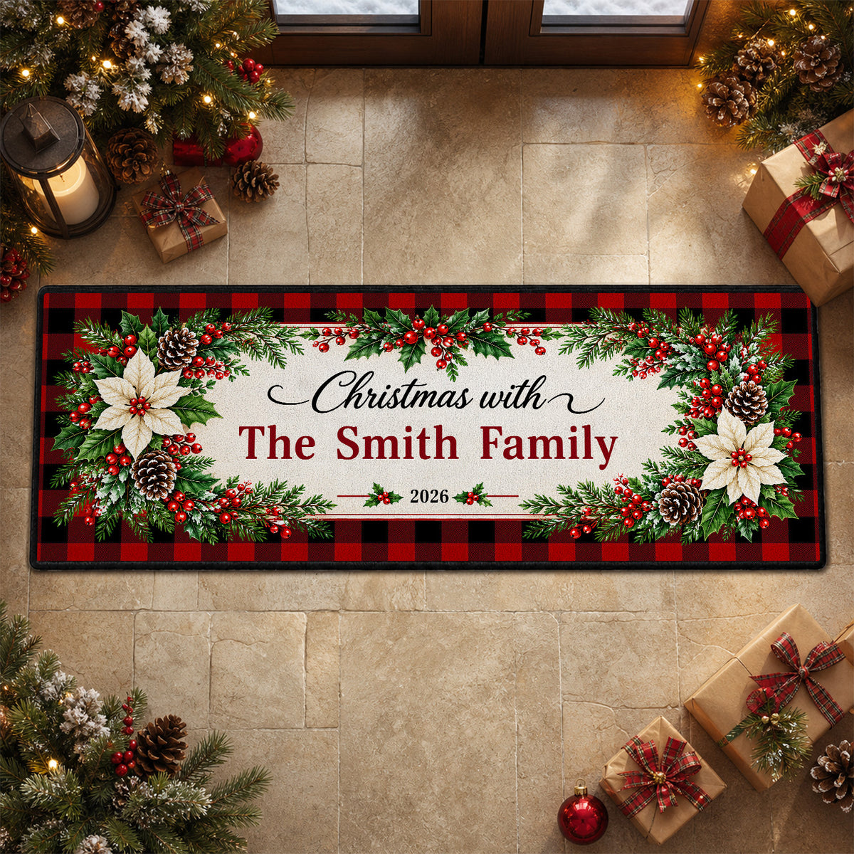Family Name Centerpiece Plaid Christmas Runner Rug