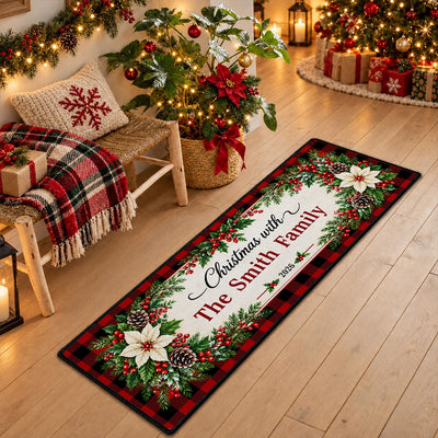 Family Name Centerpiece Plaid Christmas Runner Rug