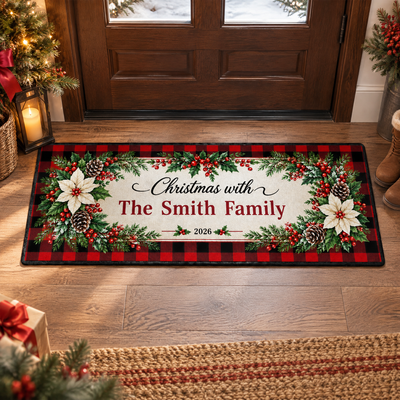 Family Name Centerpiece Plaid Christmas Runner Rug