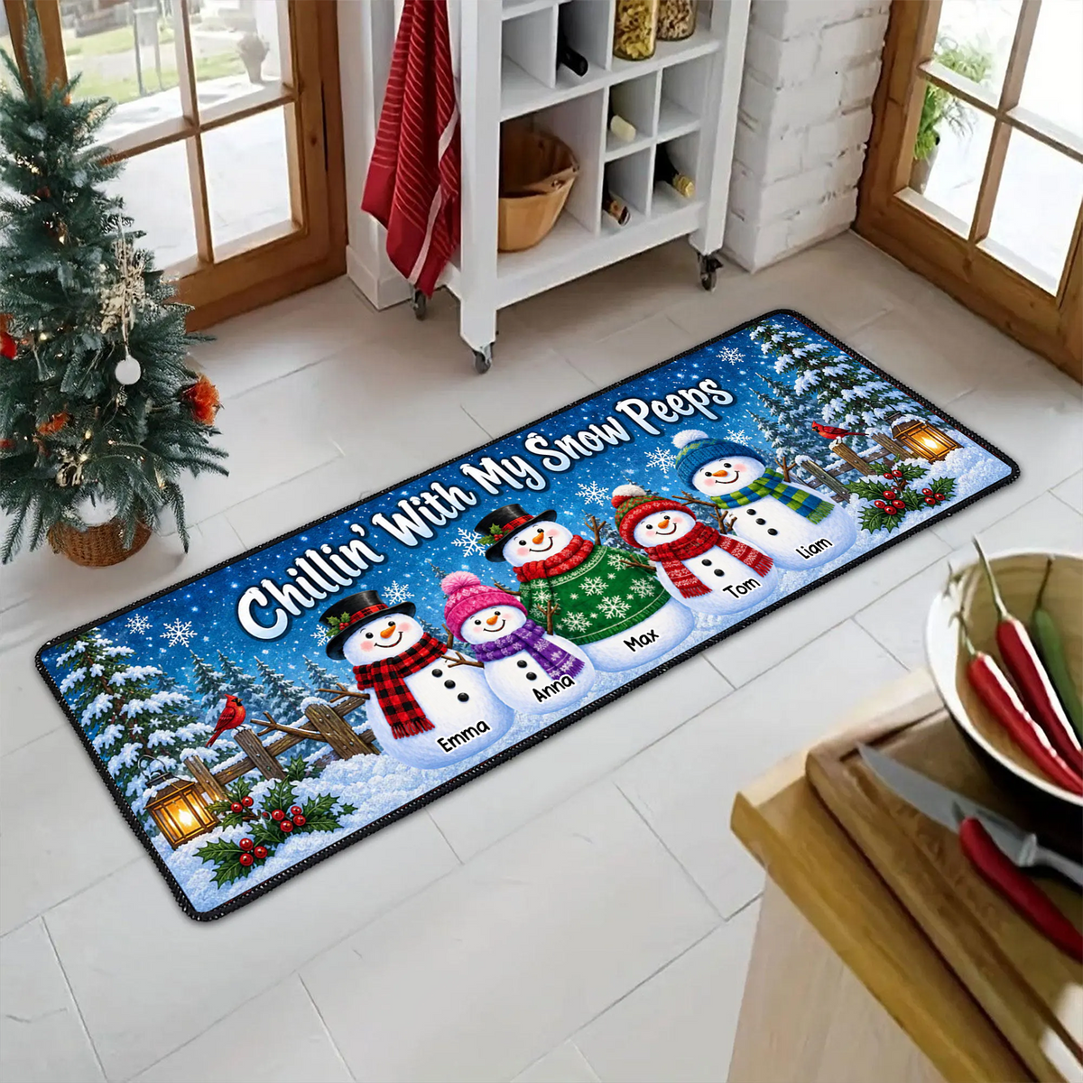 Chillin' With My Snow Peeps - Personalized Snowman Family Runner Rug
