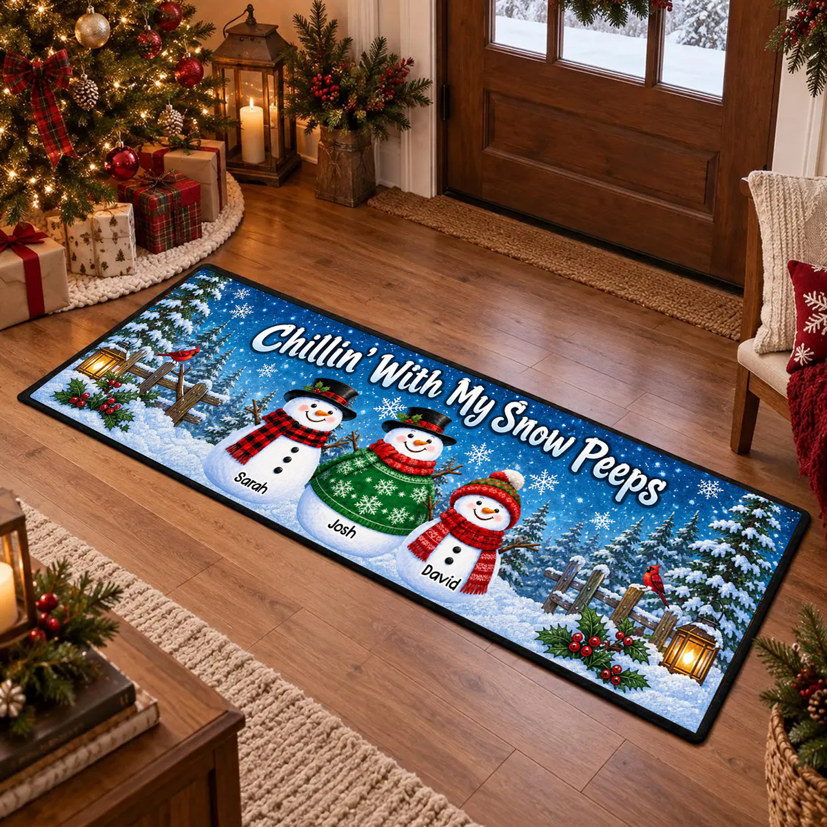 Chillin' With My Snow Peeps - Personalized Snowman Family Runner Rug