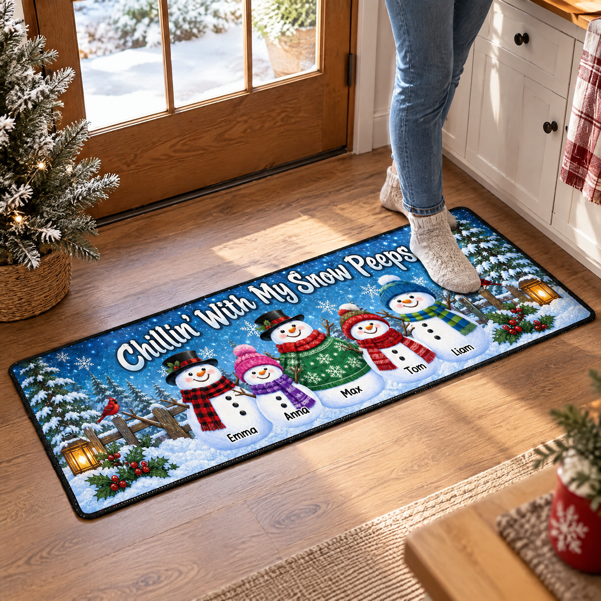 Chillin' With My Snow Peeps - Personalized Snowman Family Runner Rug