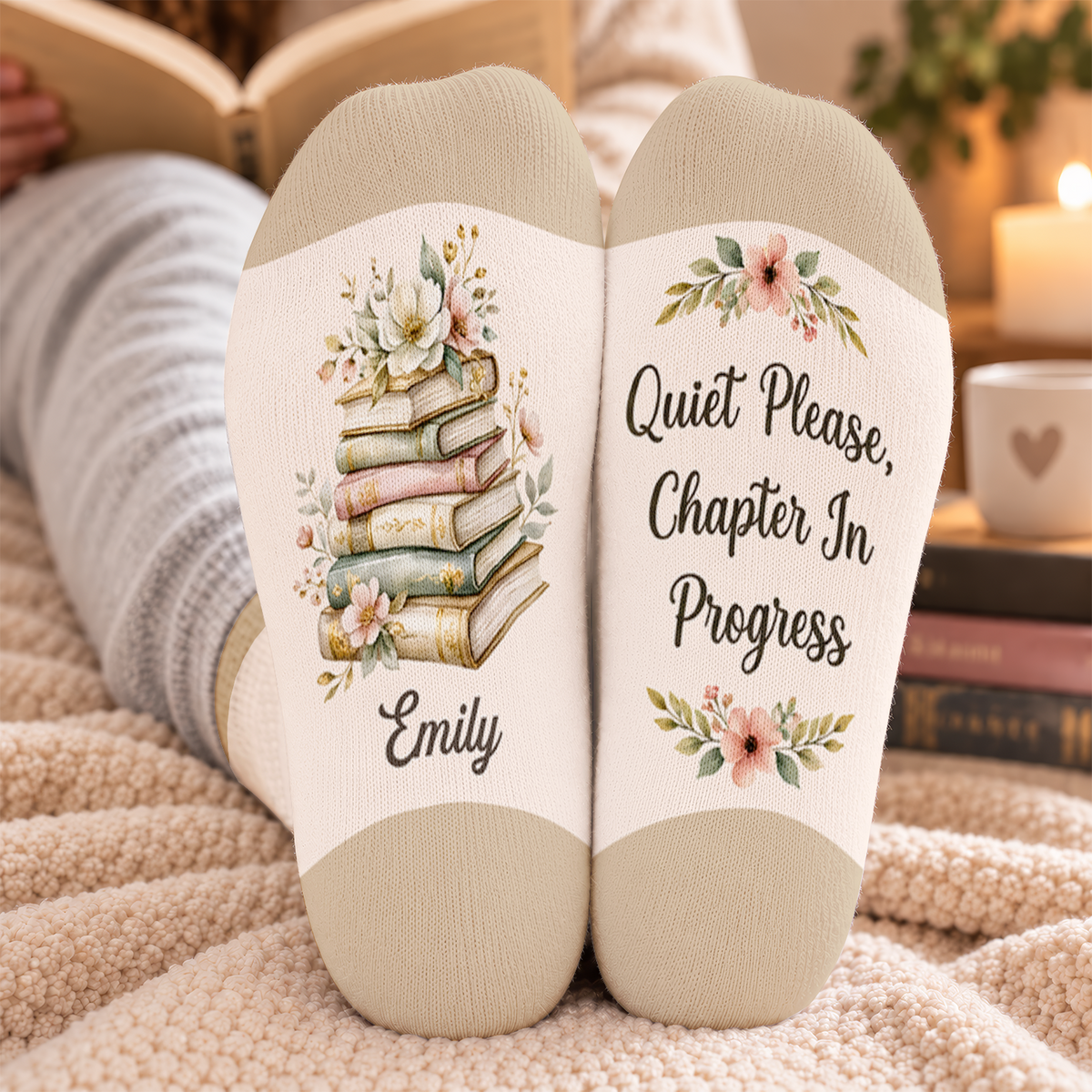 Quiet Please - Elegant Watercolor Book Middle Tube Socks