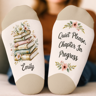 Quiet Please - Elegant Watercolor Book Middle Tube Socks