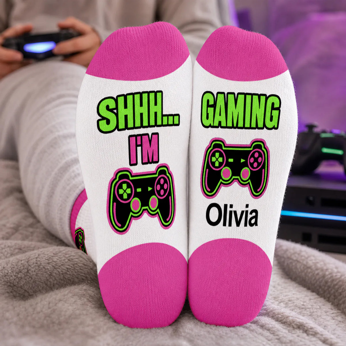 Shhh I'm Gaming - Personalized Middle Tube Socks, Gaming Socks, Gift For Gamer