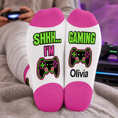 Shhh I'm Gaming - Personalized Middle Tube Socks, Gaming Socks, Gift For Gamer
