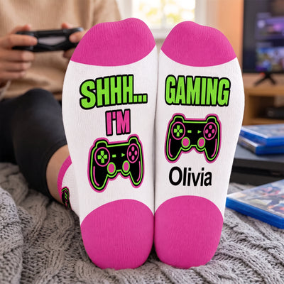 Shhh I'm Gaming - Personalized Middle Tube Socks, Gaming Socks, Gift For Gamer