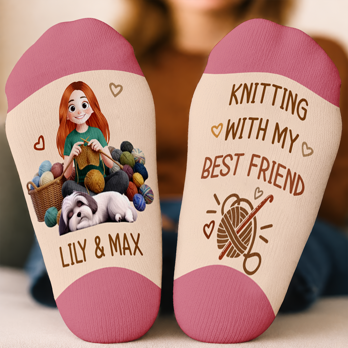 Knitting With My Best Friend  - Personalized Middle Tube Socks, Dog And Owner Crochet Socks, Gift For Crochet &amp; Dog Lovers