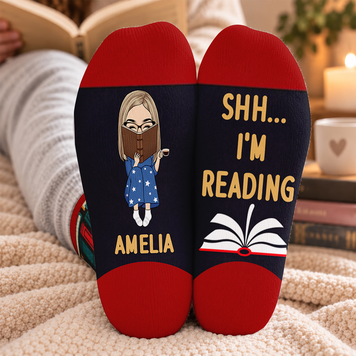 Shhh I'm Reading - Personalized Middle Tube Socks, Custom Gift For Book Lovers, Reading Cozy Socks