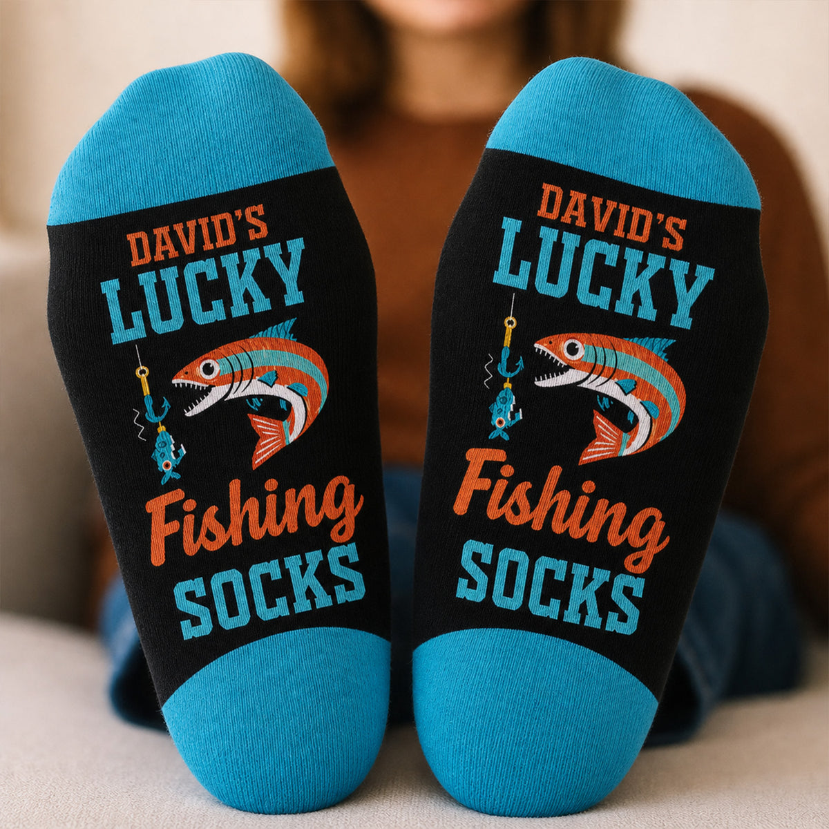 Lucky Fisherman - Personalized Middle Tube Socks, Custom Name Funny Fishing Socks, Fishing Gift for Dad