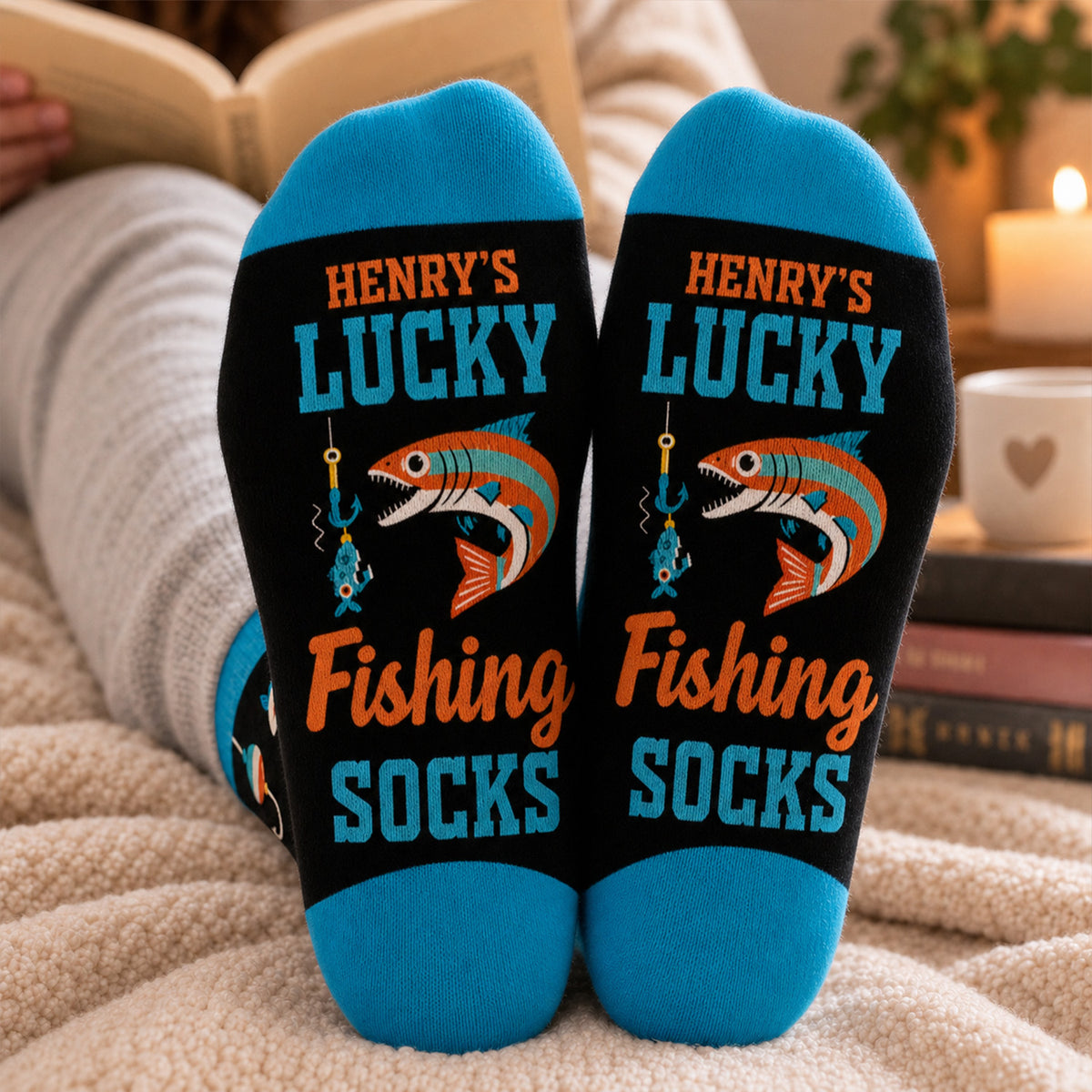 Lucky Fisherman - Personalized Middle Tube Socks, Custom Name Funny Fishing Socks, Fishing Gift for Dad
