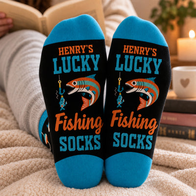 Lucky Fisherman - Personalized Middle Tube Socks, Custom Name Funny Fishing Socks, Fishing Gift for Dad