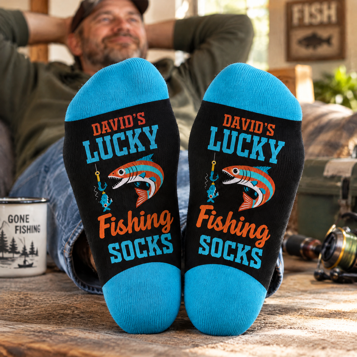 Lucky Fisherman - Personalized Middle Tube Socks, Custom Name Funny Fishing Socks, Fishing Gift for Dad