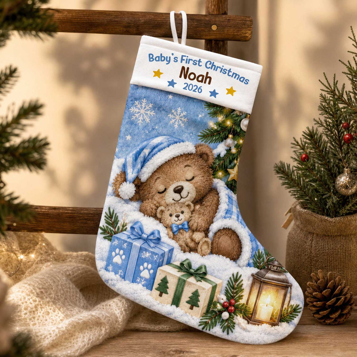 Baby's First Christmas Sleeping Bear - Personalized Stocking, Gift For New Baby