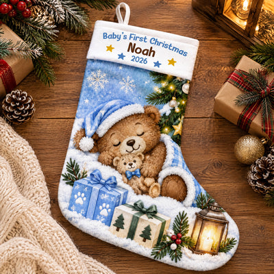 Baby's First Christmas Sleeping Bear - Personalized Stocking, Gift For New Baby