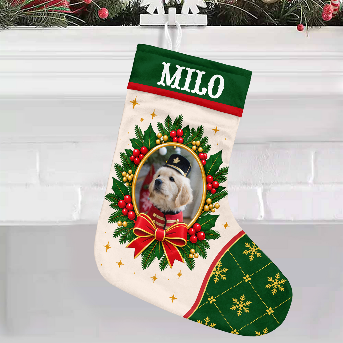 Personalized Christmas stocking custom name photo with Milo and a golden puppy in a wreath, hanging by a white brick mantel