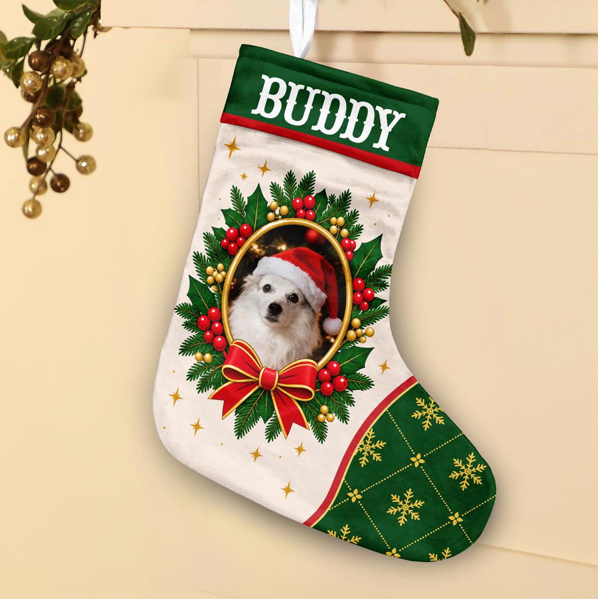 Personalized Christmas stocking custom name photo with Buddy and a white dog in a Santa hat, hanging on a cream wall