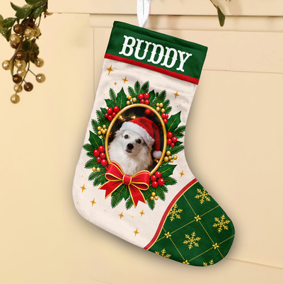 Personalized Christmas stocking custom name photo with Buddy and a white dog in a Santa hat, hanging on a cream wall