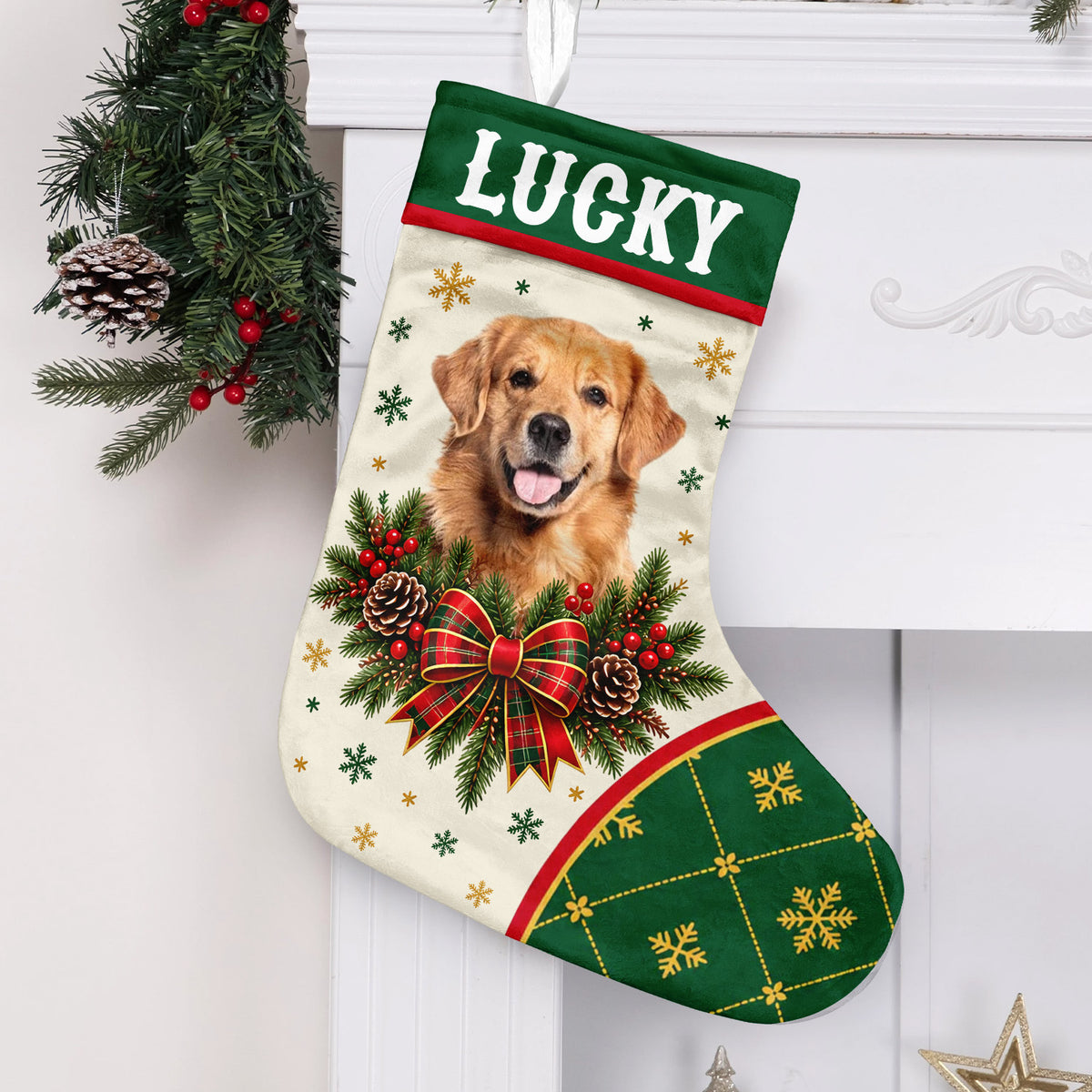 Personalized Christmas Stocking with dog photo and name Lucky hanging on a white mantel beside a pine garland