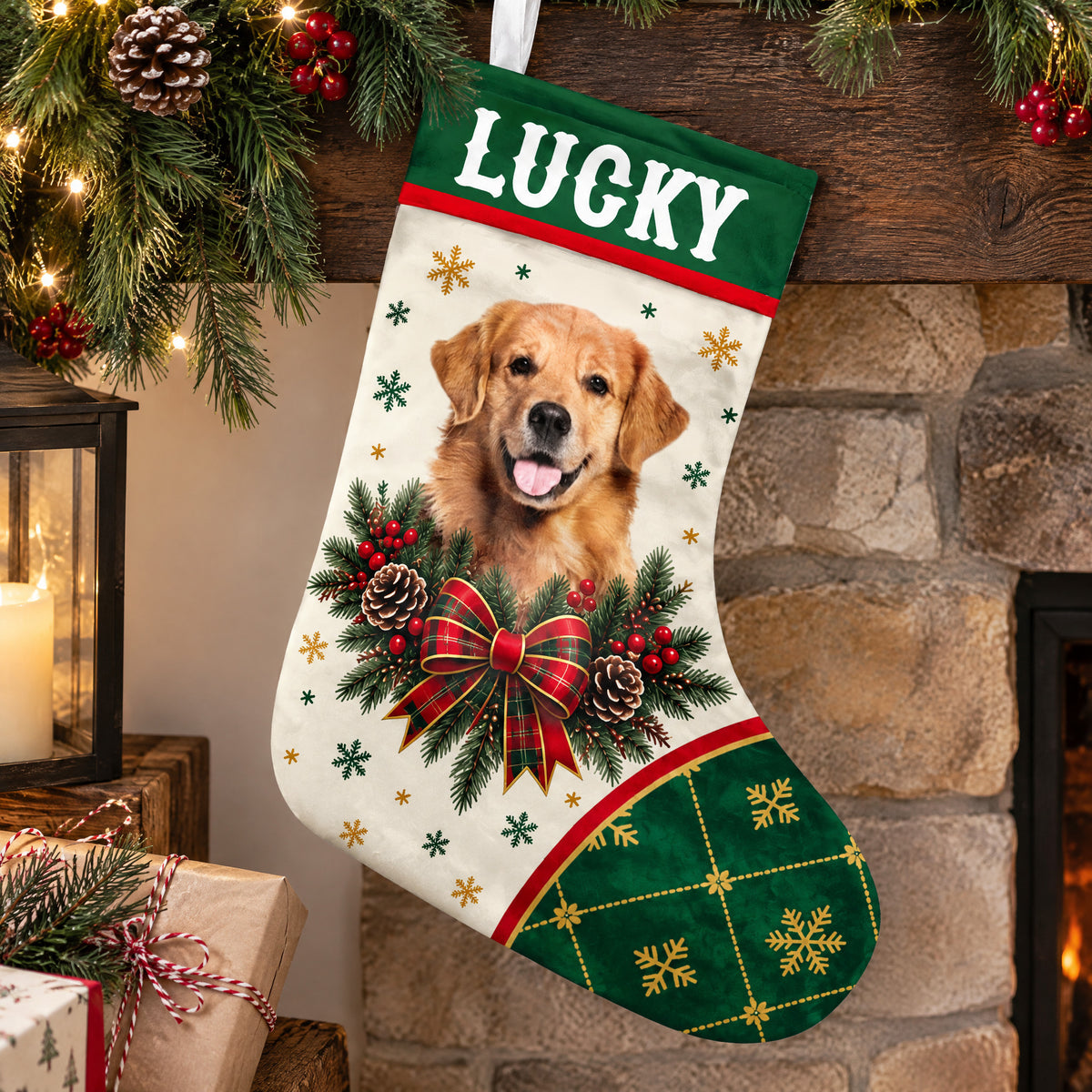 Personalized Christmas Stocking with dog portrait hanging on a wooden mantel by a stone fireplace and wrapped gifts