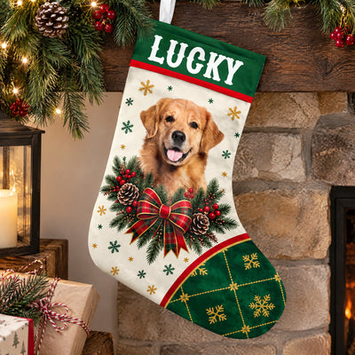 Personalized Christmas Stocking with dog portrait hanging on a wooden mantel by a stone fireplace and wrapped gifts