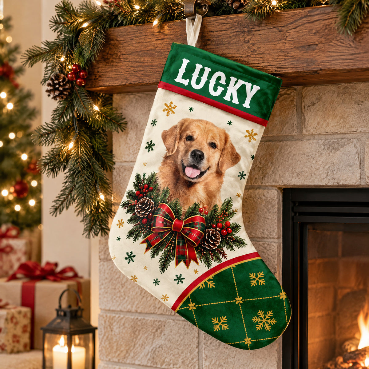 Personalized Christmas Stocking on a wood mantel near a fireplace, lit garland, lantern and Christmas tree in view