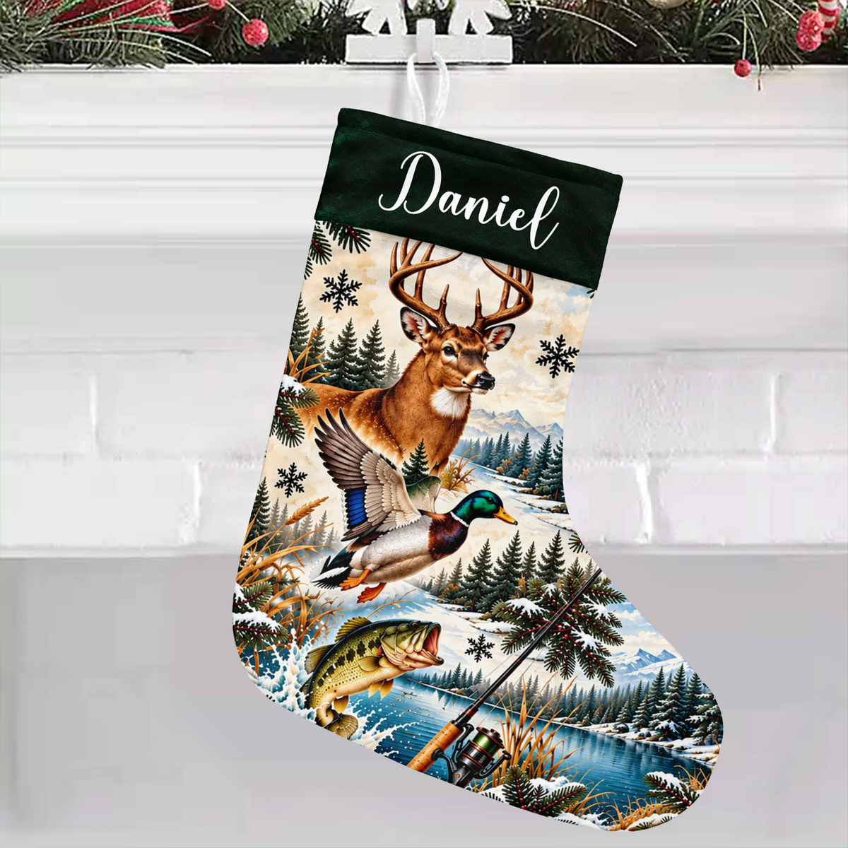 Personalized Hunting Christmas Stocking hanging on a white mantel with the name Daniel on a green cuff