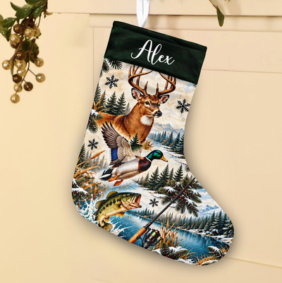 Personalized Hunting Christmas Stocking against a cream wall with the name Alex and gold berry sprigs nearby