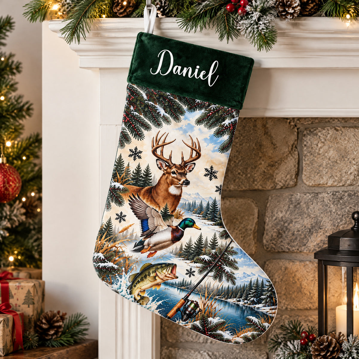 Personalized Hunting Christmas Stocking on a mantel with garland, a stone fireplace, lantern and the name Daniel