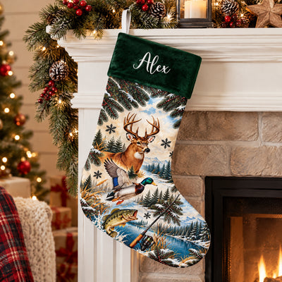 Personalized Hunting Christmas Stocking by a lit fireplace with garland, a tree, plaid blanket and the name Alex
