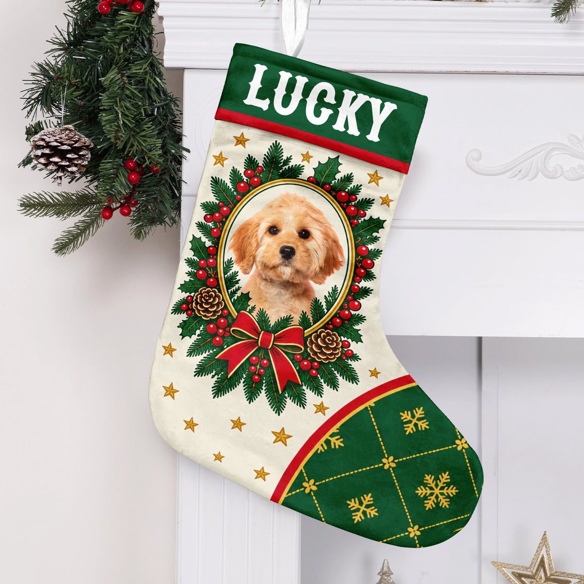 Personalized Christmas stocking custom name photo with Lucky and a puppy portrait hanging by a white mantel and garland