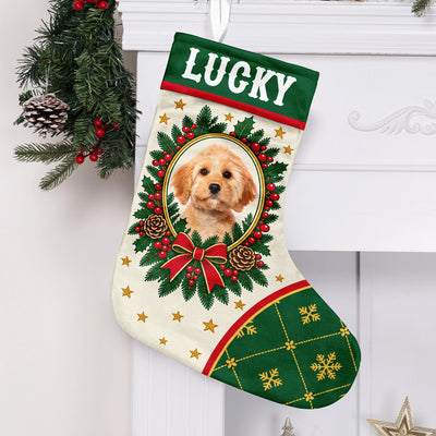 Personalized Christmas stocking custom name photo with Lucky and a puppy portrait hanging by a white mantel and garland