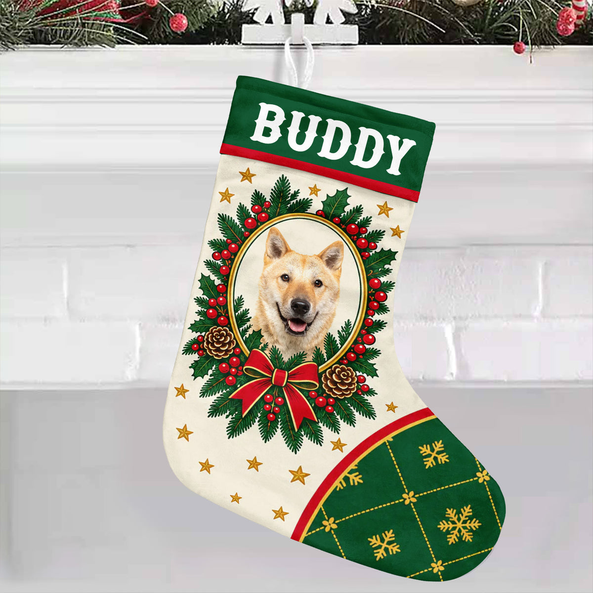 Personalized Christmas stocking custom name photo with Buddy and a smiling dog portrait on a white brick mantel