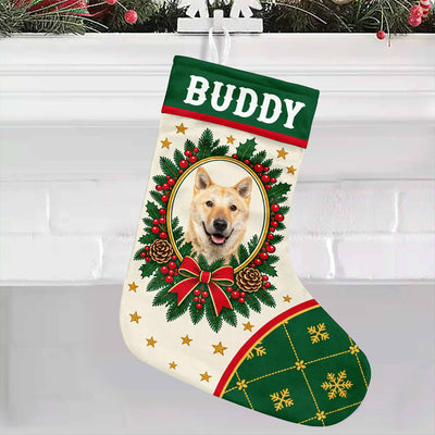Personalized Christmas stocking custom name photo with Buddy and a smiling dog portrait on a white brick mantel