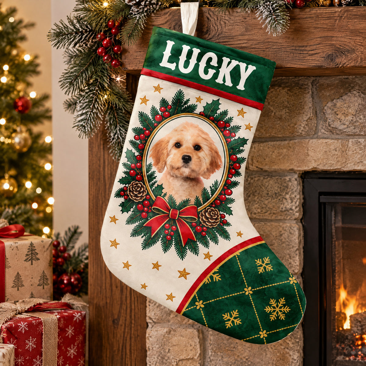Personalized Christmas stocking custom name photo with Lucky hanging from a wood mantel beside a stone fireplace