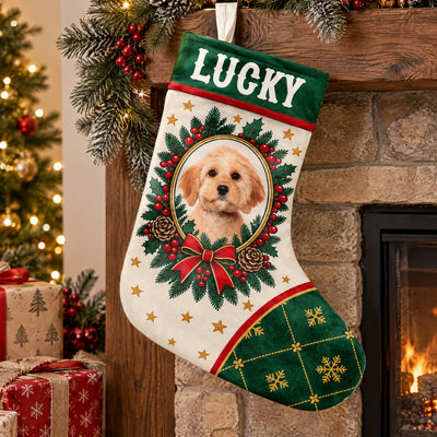 Personalized Christmas stocking custom name photo with Lucky hanging from a wood mantel beside a stone fireplace