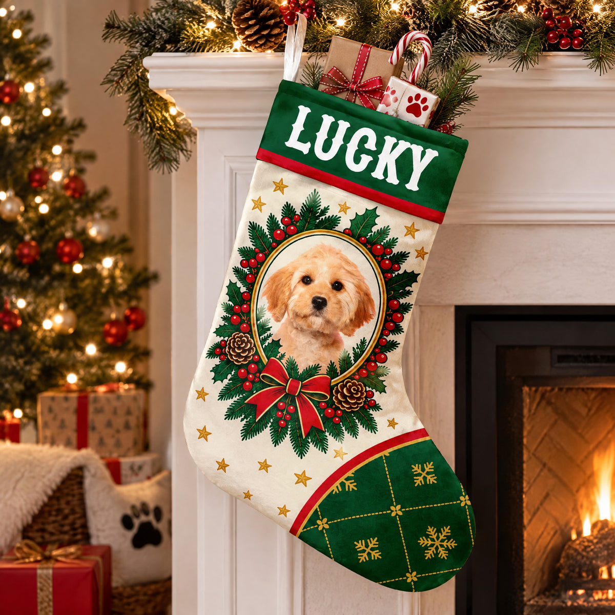 Personalized Christmas stocking custom name photo filled with gifts and a candy cane by a lit fireplace and tree