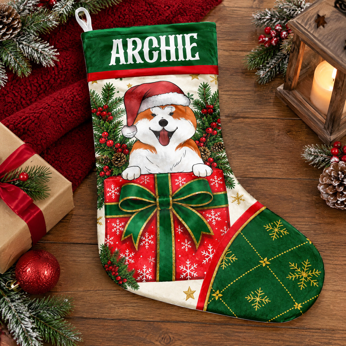 Personalized Christmas stocking with dog lying flat on wood with pinecones, a red blanket and a lantern
