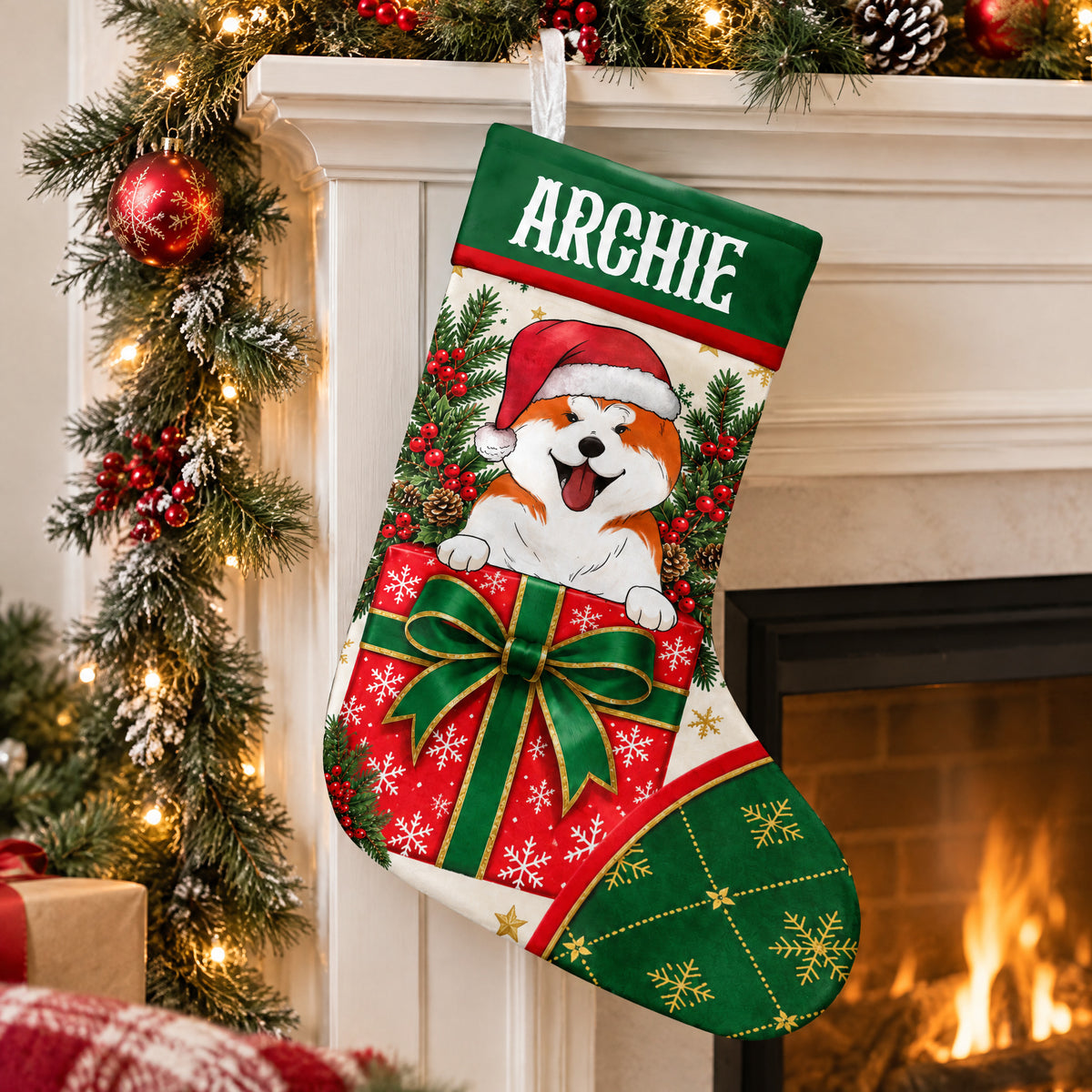 Personalized Christmas stocking with dog hanging from a white mantel beside a fireplace and lit garland