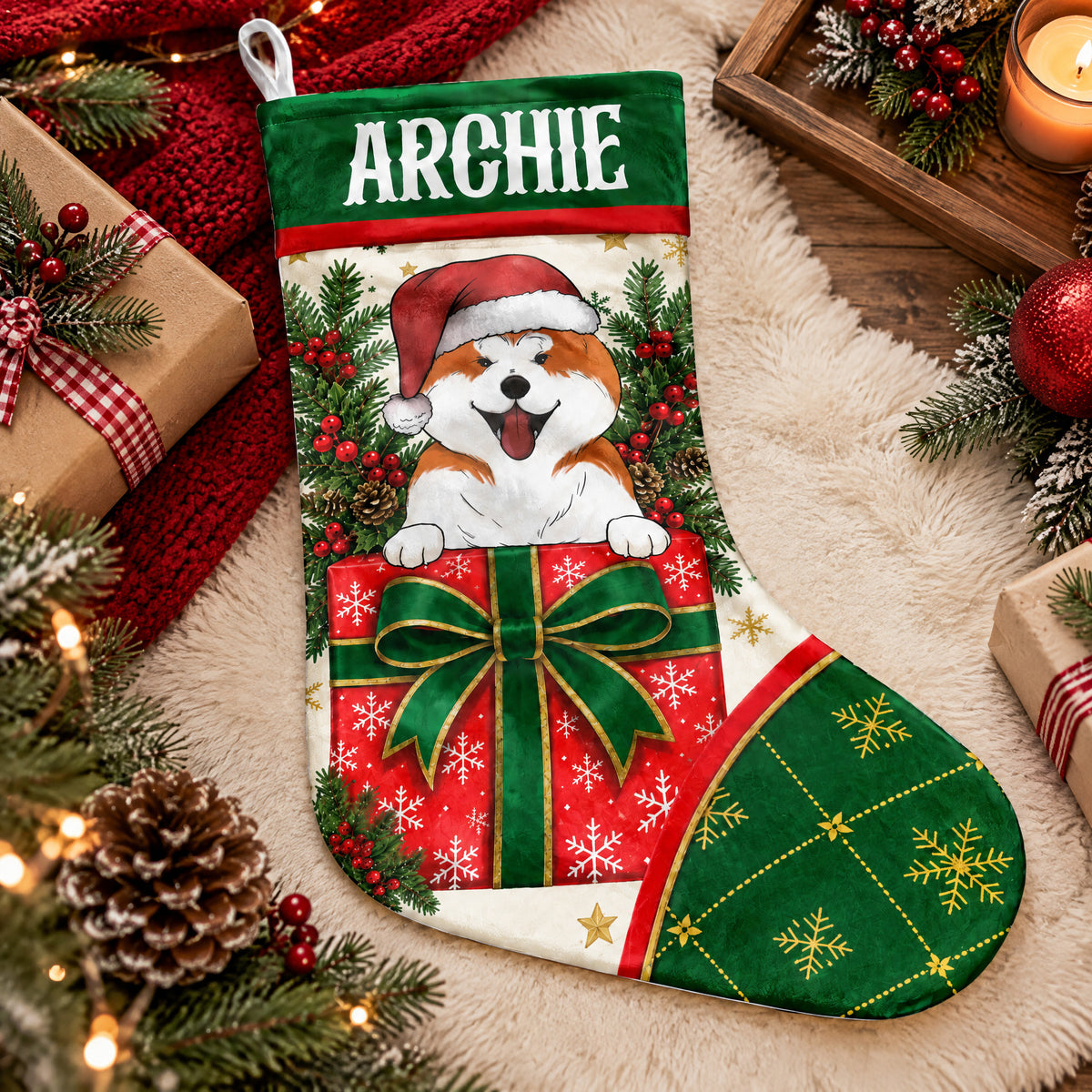 Personalized Christmas stocking with dog on a fluffy cream rug with gifts, pinecones and a candle