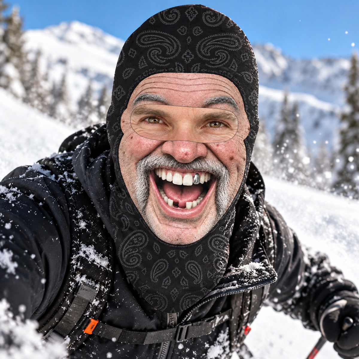 Funny Personalized Ski Mask worn by a smiling man with a gray mustache on a snowy mountain slope